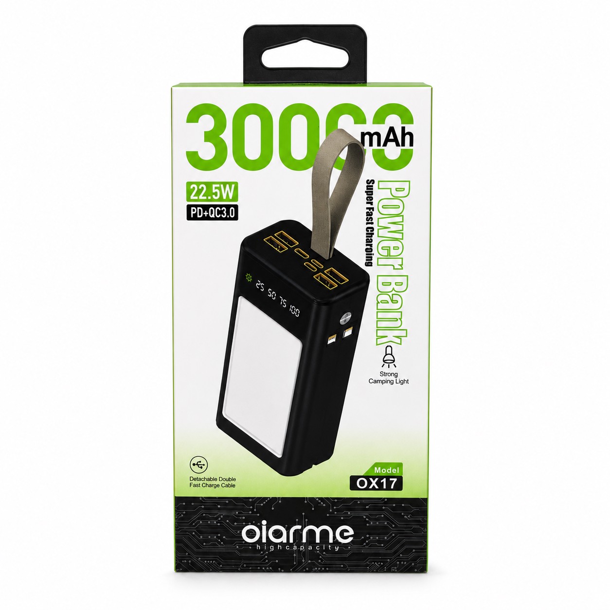 پاوربانک 30000 میلی آمپری Oiarme OX17 شارژ سریع 22.5 وات چراغ کمپینگ LEDجدید