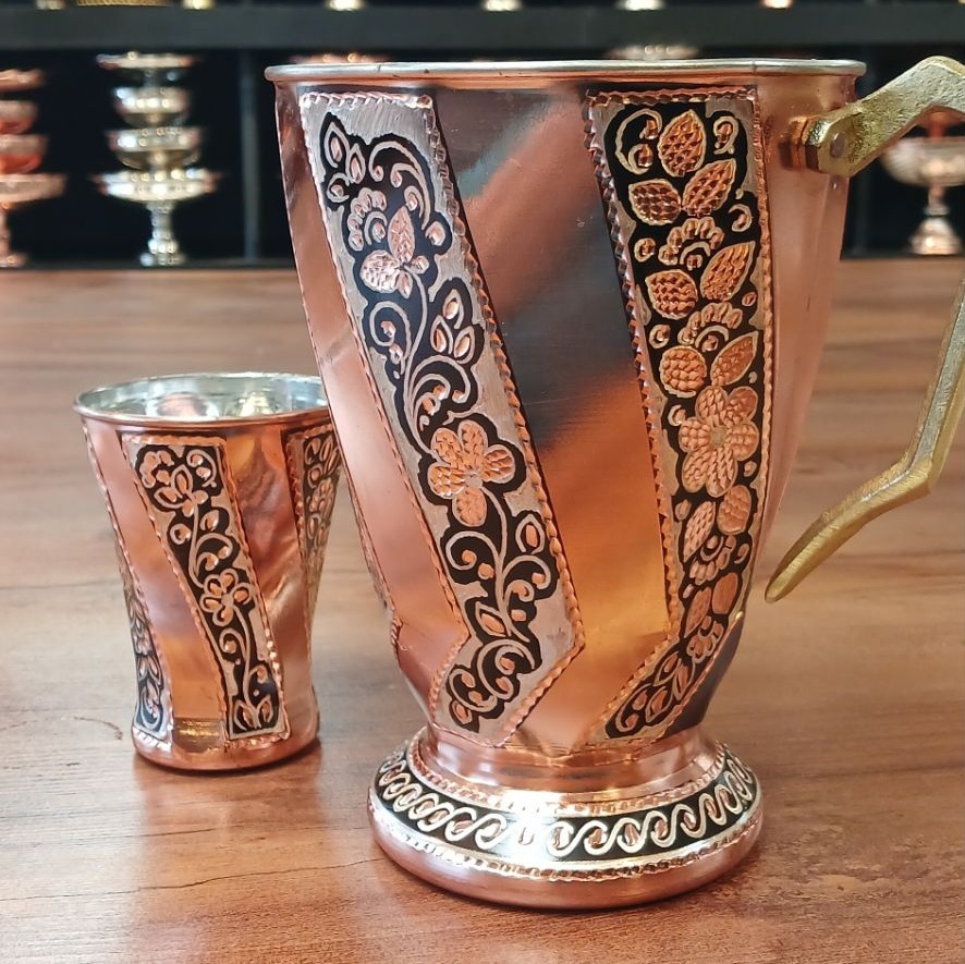 پارچ و لیوان مسی پیچی نقره کوب