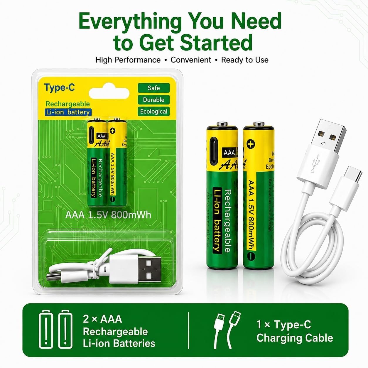 باتری نیم قلمی قابل شارژ USB Type-C بسته دو تایی