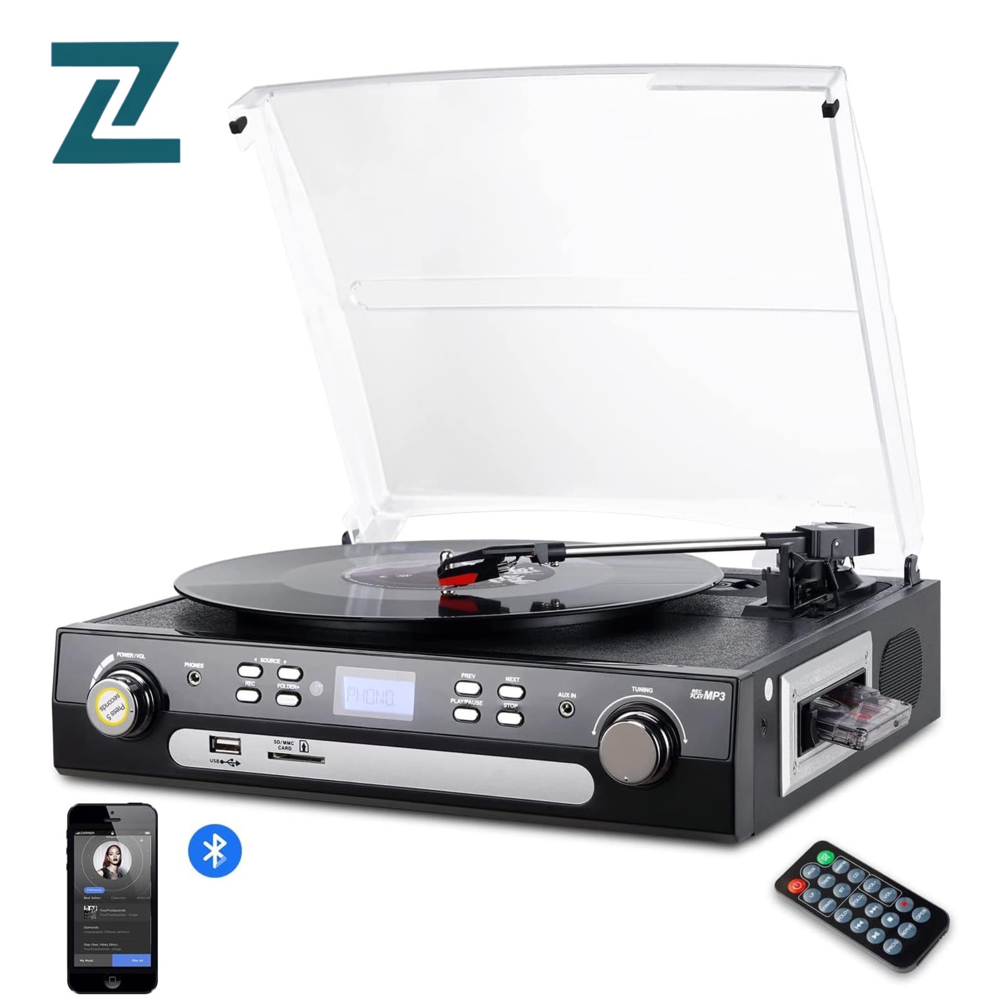 گرامافون بلوتوثی DIGITNOW با قابلیت تبدیل وینیل به MP3 کاست، رادیو AM FM، USB SDجدید
