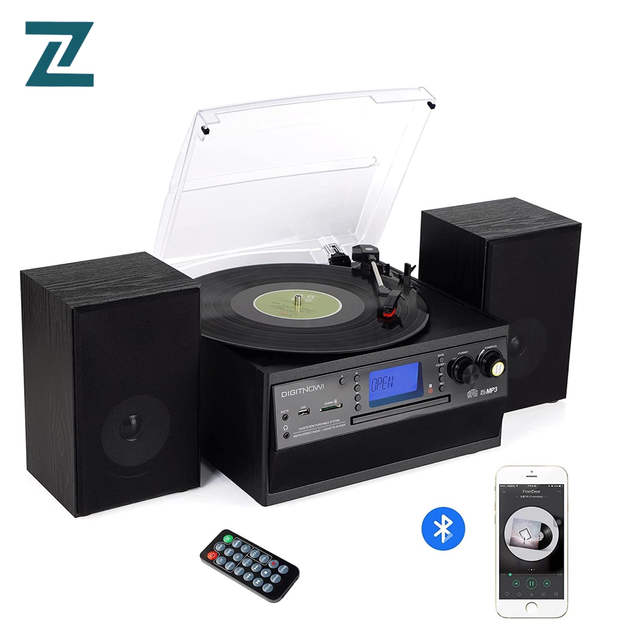 گرامافون بلوتوثی DIGITNOW با اسپیکر استریو تبدیل وینیل LP به MP3، پخش CD و کاست، رادیو، AUX، USB و SD با کنترل از راه...جدید