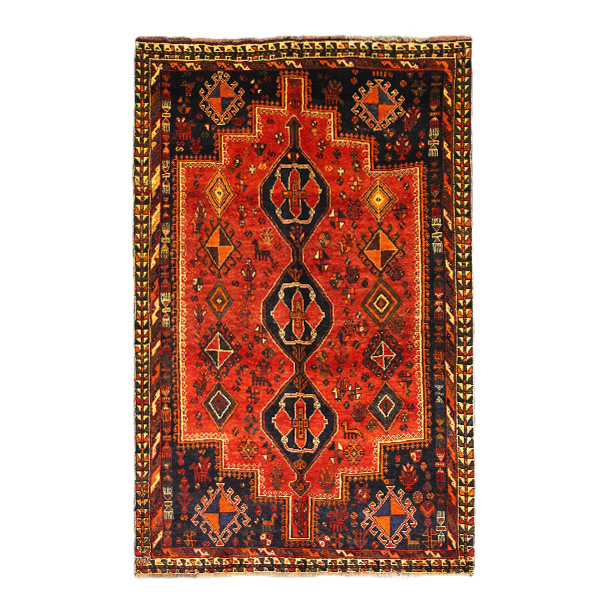 قالی قشقایی دستباف با سه ترنج پیوسته و زمینه قرمز – 244 × 157 سانتیمترجدید