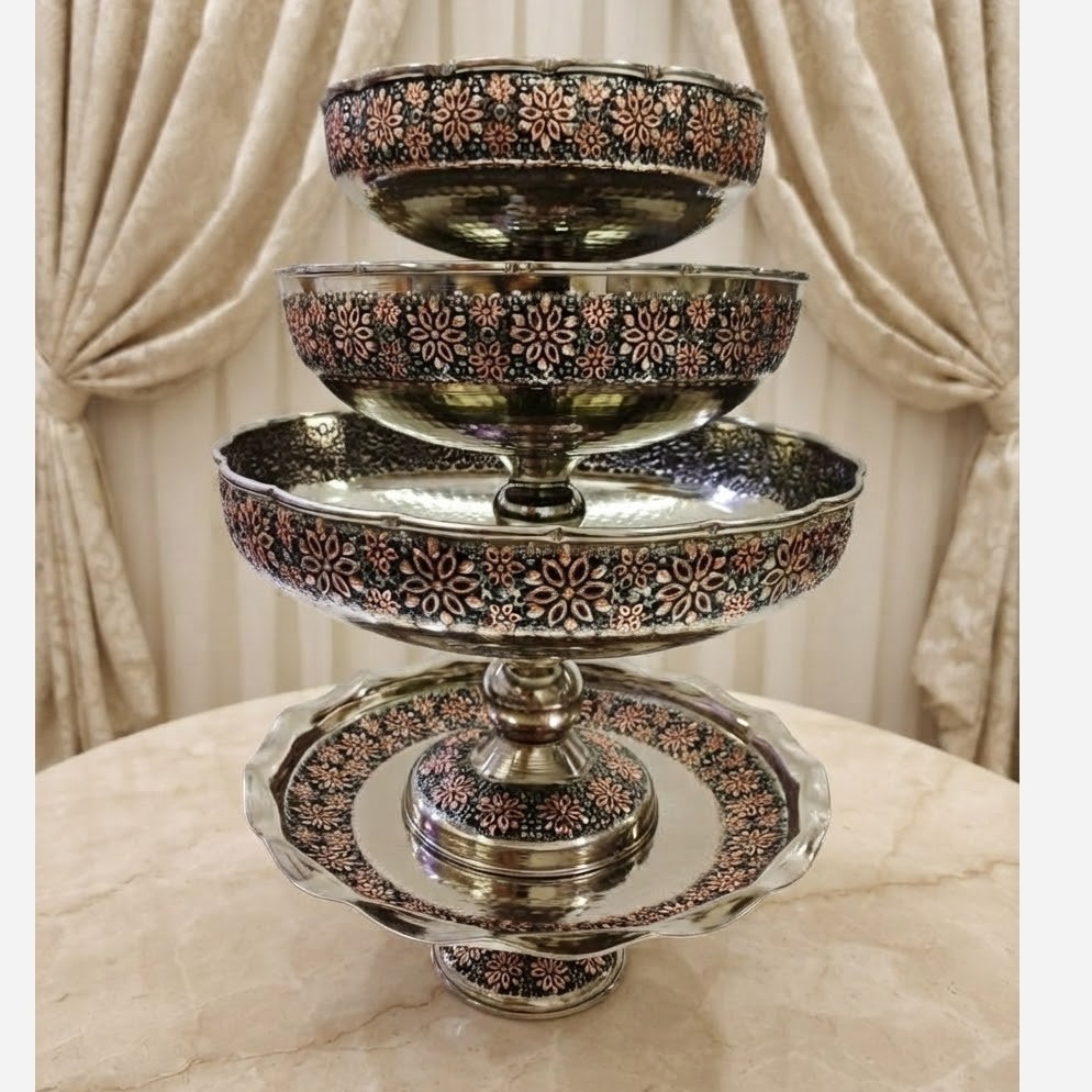 سرویس پذیرایی مسی 4 تیکه طرح گلبرگ میوه خوری و آجیل خوری و شیرینی و شکلات خوری تراش نانو شده جدید