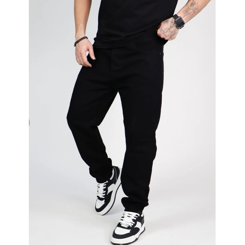شلوار مشکی مام فیت مردانه جین پارچه ترک وارداتی پارچه کجراه