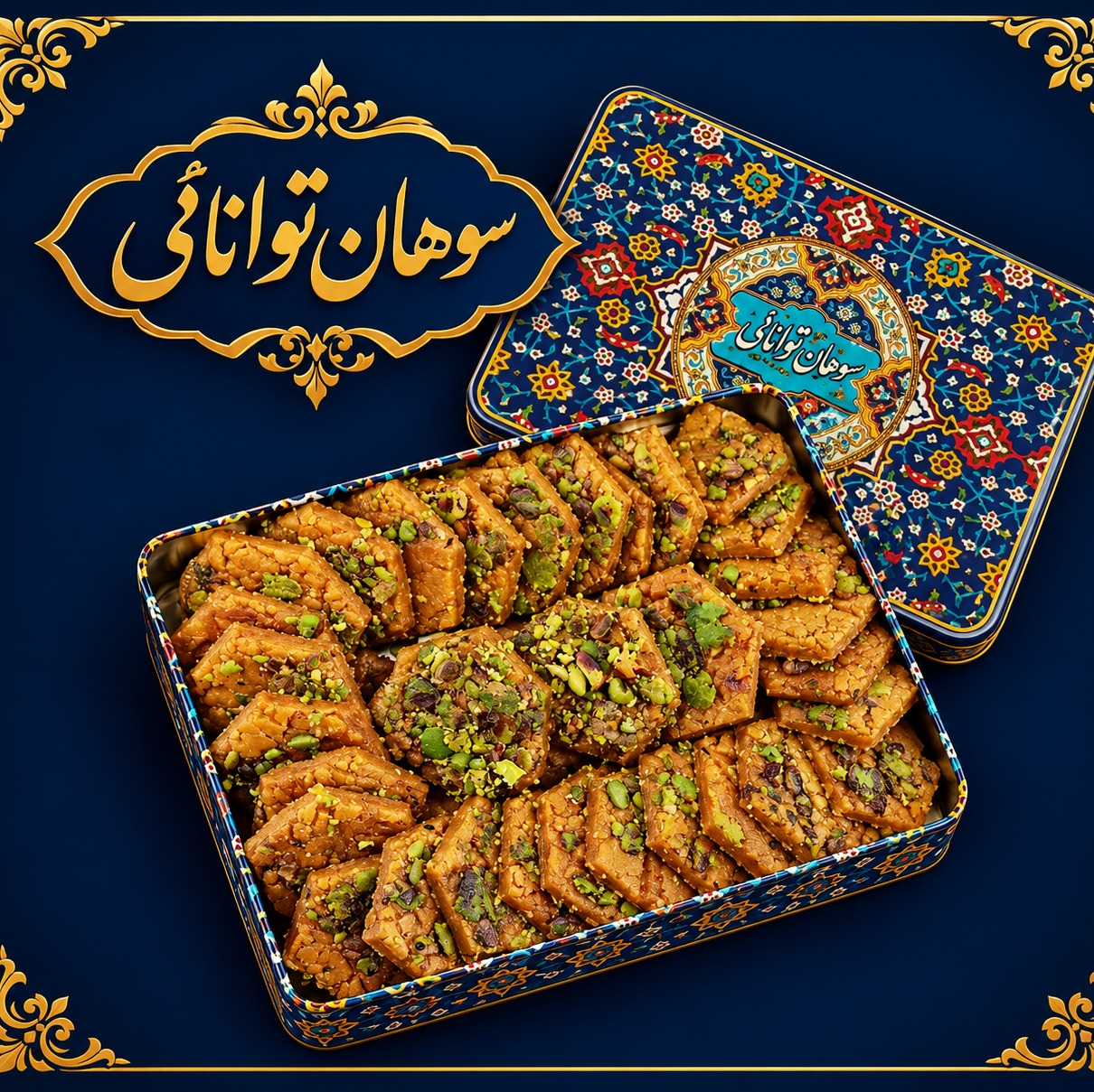سوهان قم کتابی زعفرانی 500گرمی با مغز پسته