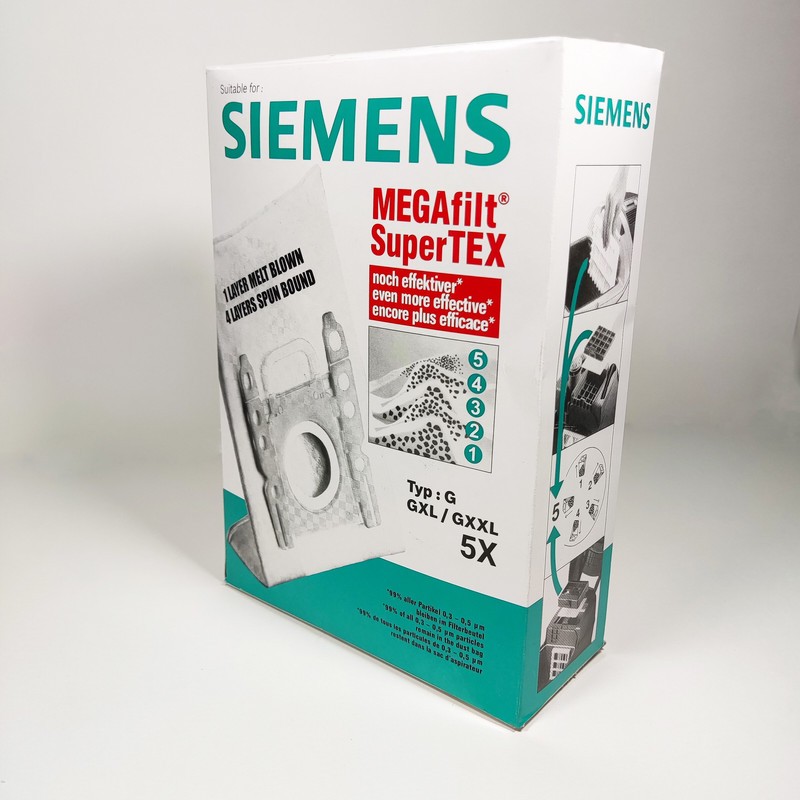 کیسه جاروبرقی زیمنس مدل MEGAfilt SuperTEX مناسب جاروبرقی های بوش و زیمنس Type G GXLGXXLبسته 5 عددی