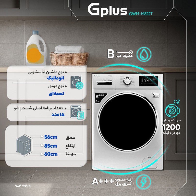 ماشین لباسشویی 8 کیلوگرم اتوماتیک جی پلاس مدل GWM-M822T