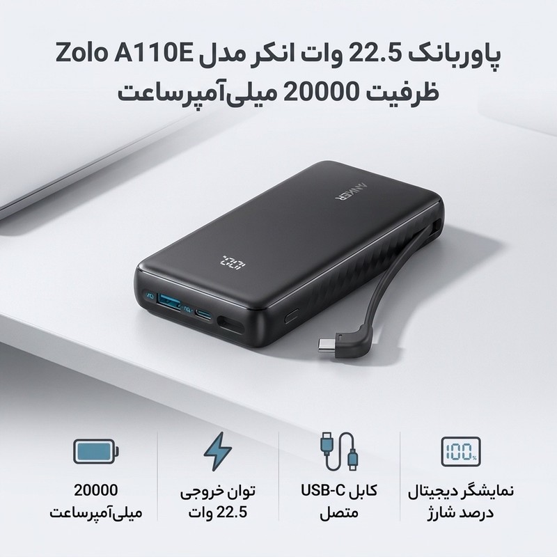 پاوربانک 22.5 وات انکر مدل Zolo A110E ظرفیت 20000 میلی آمپرساعت اصلجدید