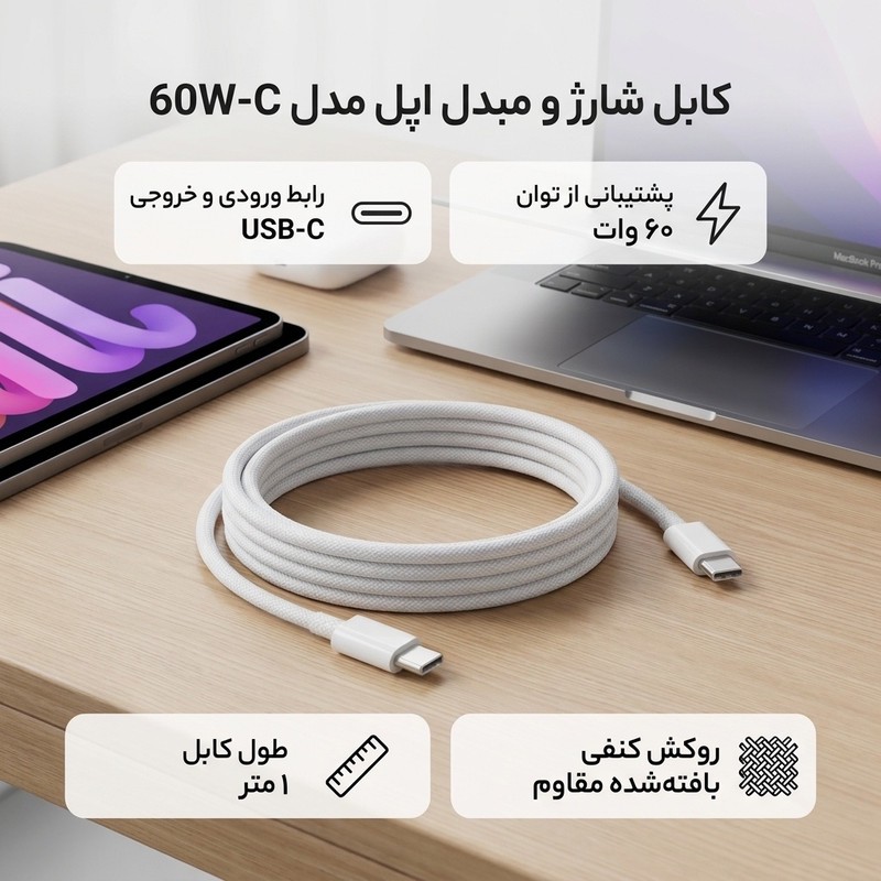 کابل USB-C اپل مدل 60W-C طول 1 متر اصلجدید