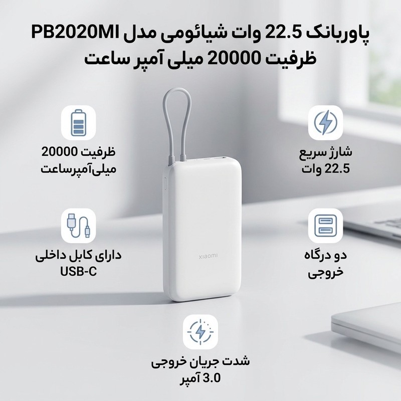 پاوربانک 22.5 وات شیائومی مدل PB2020MI ظرفیت 20000 میلی آمپر ساعت اصلجدید