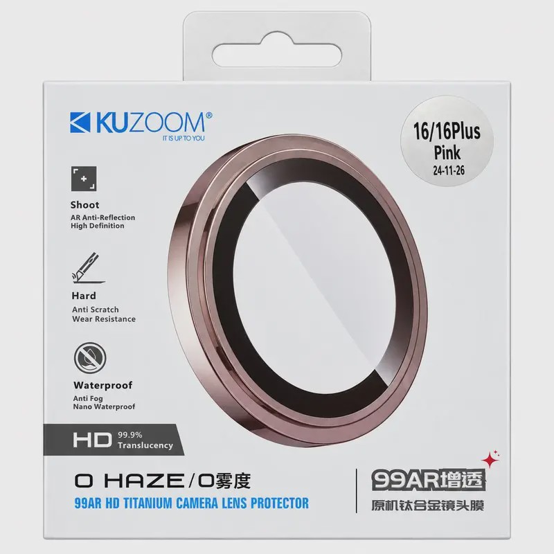 محافظ لنز iPhone 16 آیفون رینگی فلزی - شیشه ای اورجینال KUZOOM کوزوم دو عددی رنگ صورتی کد G310-140929جدید