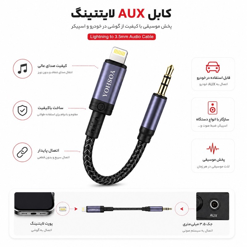 کابل تبدیل لایتنینگ به AUX بوکو مدل YX-002 طول 1 متر