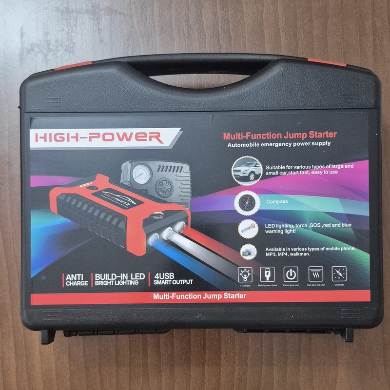 جامپ استارتر و پاوربانک خودرو های پاور مدل JX27، دارای 4 پورت USB، چراغ قوه LED بسته 6 عددی