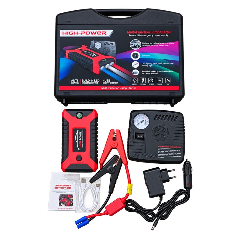 جامپ استارتر و پاوربانک خودرو های پاور مدل JX27، دارای 4 پورت USB، چراغ قوه LED بسته 6 عددی