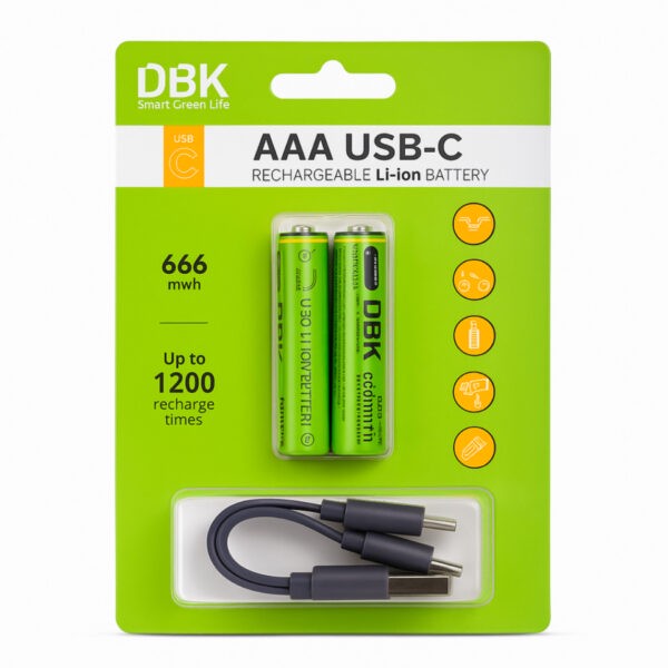 باتری نیم قلمی شارژی DBK مدل USB-C لیتیوم یون با ظرفیت 666mWh (پک 2 عددی)جدید