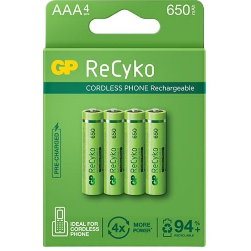 باتری نیم قلمی قابل شارژ جی پی مدل Rechargeable Cordless phone Recyko 650 بسته چهار عددیجدید