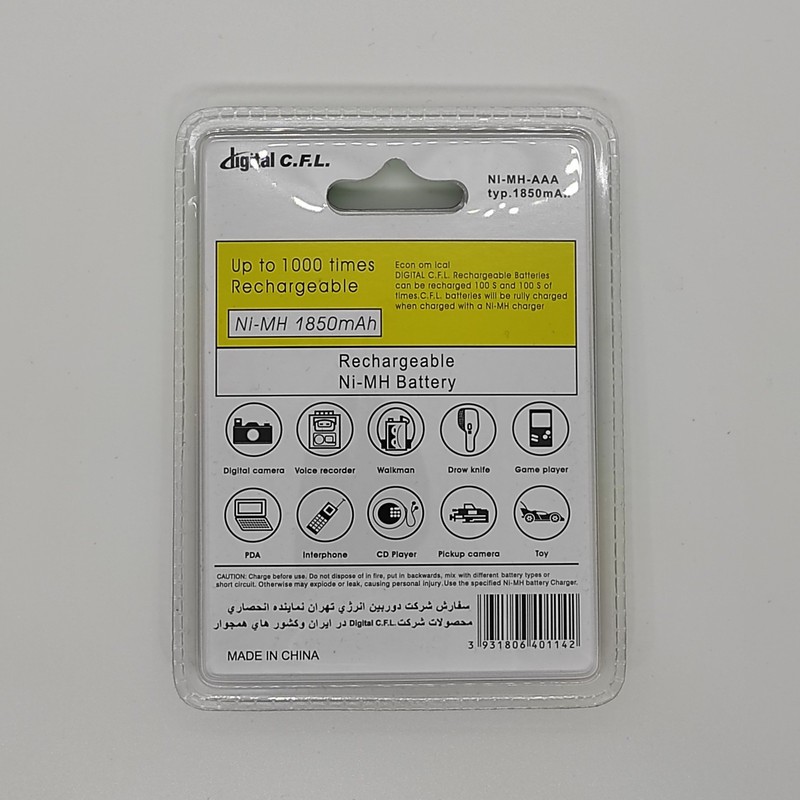 باتری قلمی و نیم قلمی قابل شارژ سی.اف.ال دیجیتال مدل 4000 1850mAh بسته 4 عددیجدید
