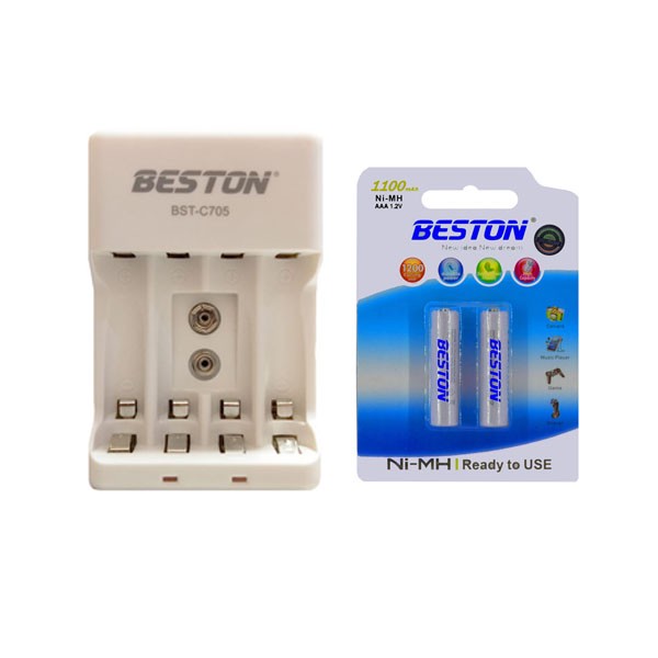 شارژر باتری بستون مدل BST-C705 به همراه 2 عدد باتری نیم قلمیجدید