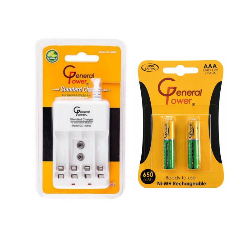 شارژر باتری جنرال پاور مدل GC-406w به همراه باتری نیم قلمی قابل شارژ بسته دو عدیجدید