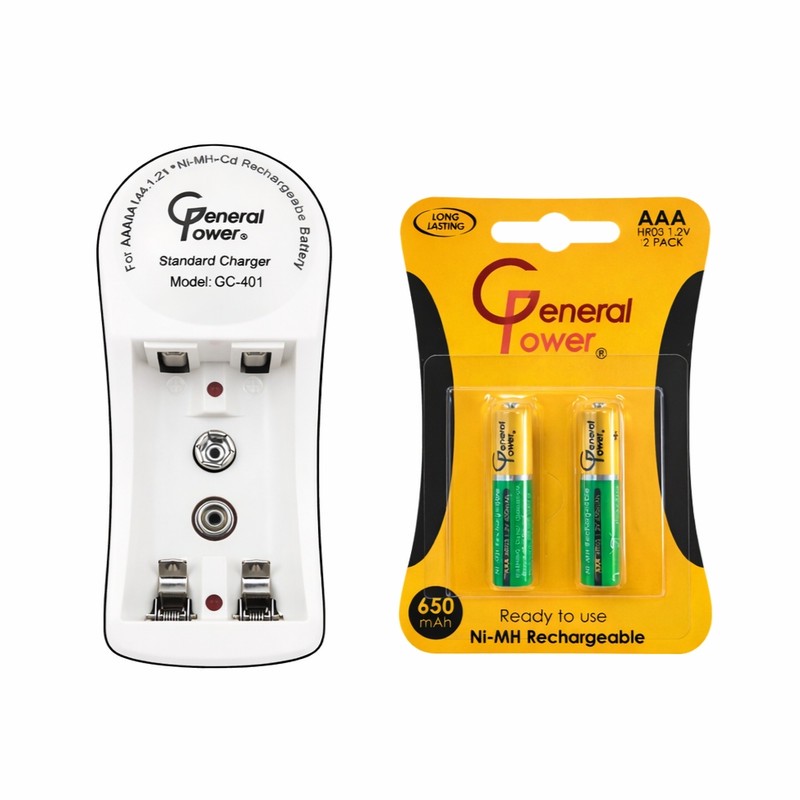 شارژر باتری جنرال پاور مدل GC-401 به همراه باتری نیم قلمی قابل شارژ بسته دو عددیجدید