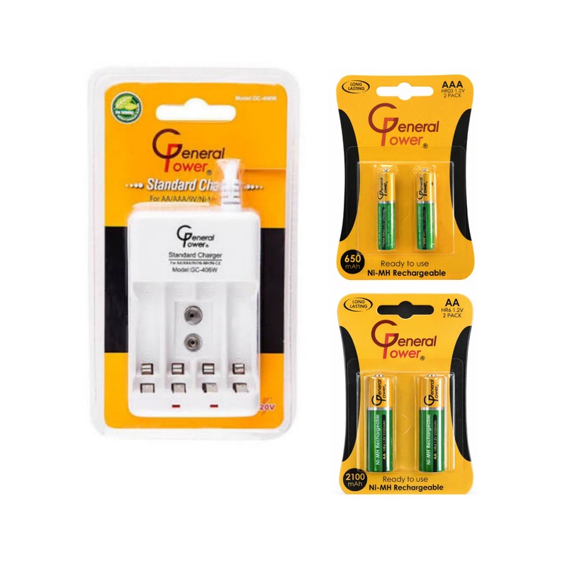 شارژر باتری جنرال پاور مدل GC-406 به همراه باتری قلمی و نیم قلمی قابل شارژ بسته 4 عددیجدید
