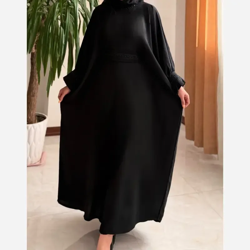 عبای زنانه راحیل الیزه مشکی بلند ملیله دوزی شده آستین پلیسه فری سایزجدید