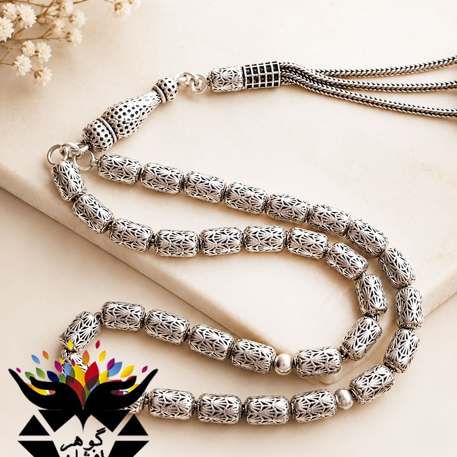 تسبیح نقره ترک 33 دانه استوانه ای طرح دار T1074جدید