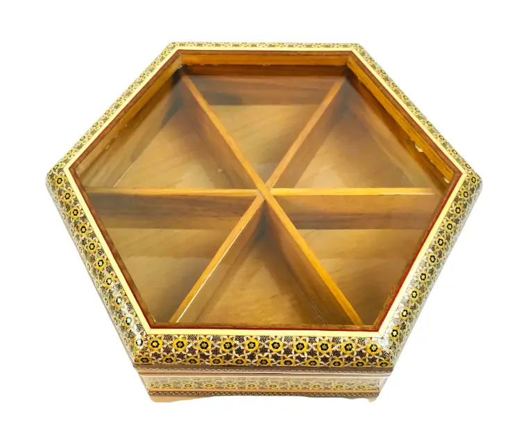جعبه چوب و خاتم تیبگ شش ضلعی (ابعاد10*33*33)
