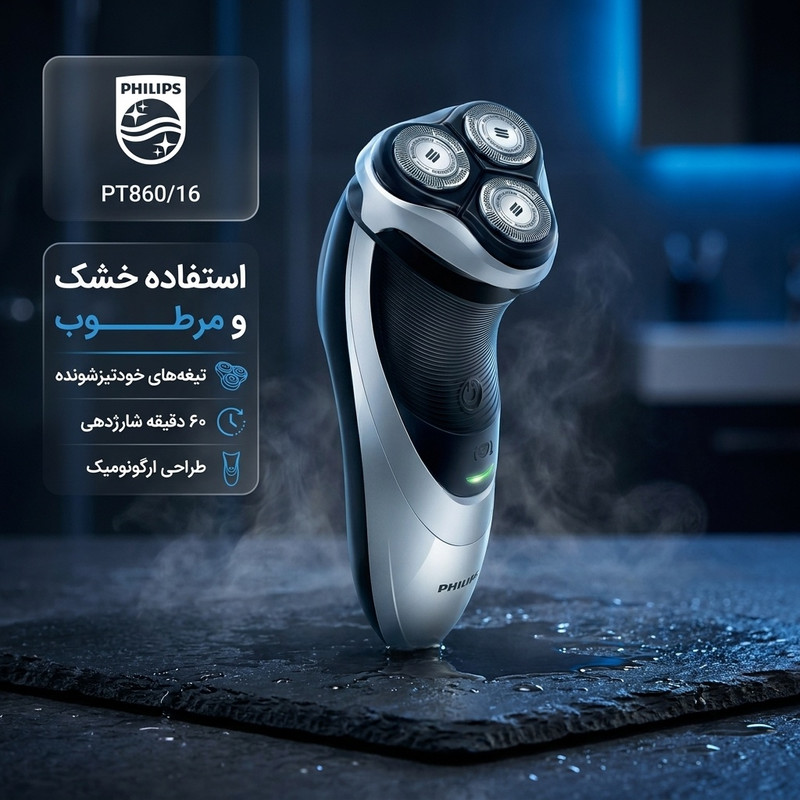 ماشین اصلاح صورت فیلیپس مدل PT860/16 با تیغههای استیل ضدزنگ، طراحی ارگونومیک، قابلیت استفاده خشک و مرطوب، باتریجدید