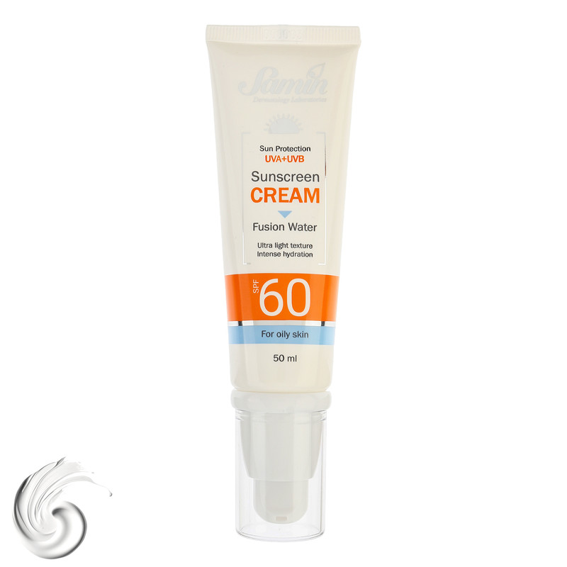 کرم ضد آفتاب بیرنگ صورت ثمین SPF 60 مدل Fusion Water محافظ UVA ، UVB مناسب برای پوستهای چرب حجم 50 میلیلیتر