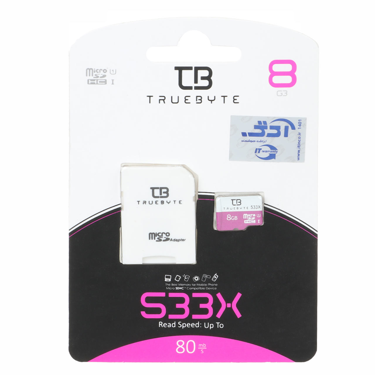 TRUEBYTE microSDHC &amp; adapter UHS-I U1-(80MB/S-533X)-8GB (گارانتی مادام العمر شرکت آی تین)