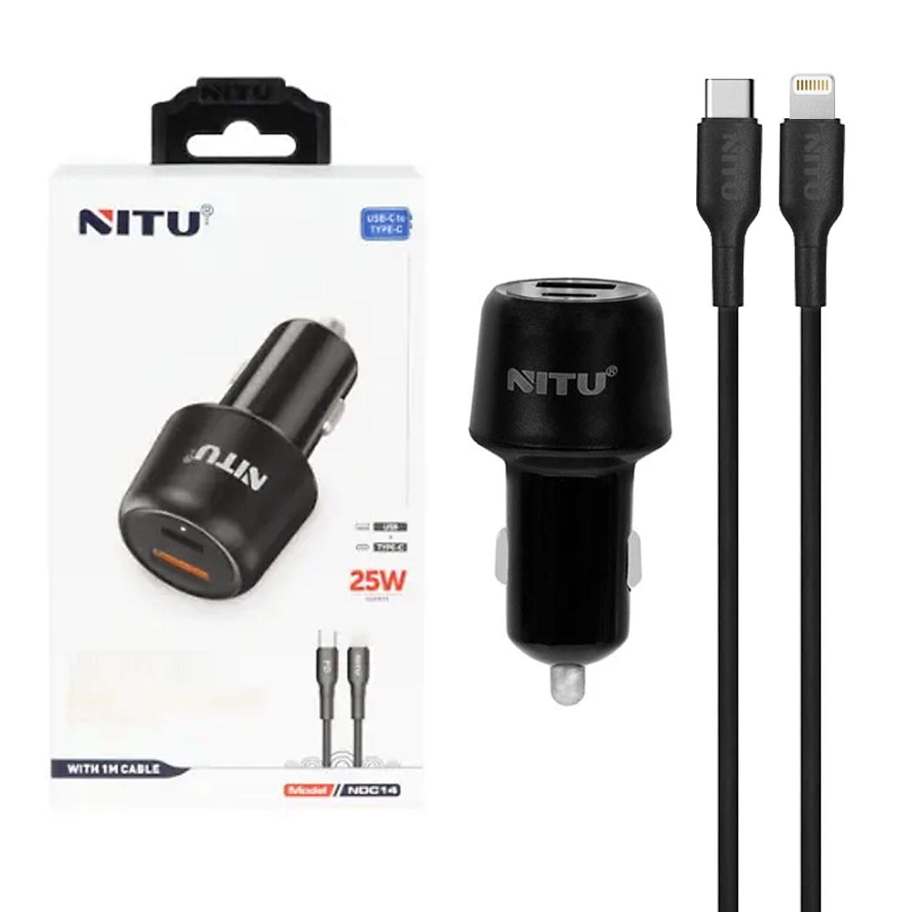 شارژر فندکی فست و PD دو پورت Nitu مدل NDC14 25W همراه با کابل Type-C To Lightning - مشکی (گارانتی 6 ماه تعویض نیکان همرا