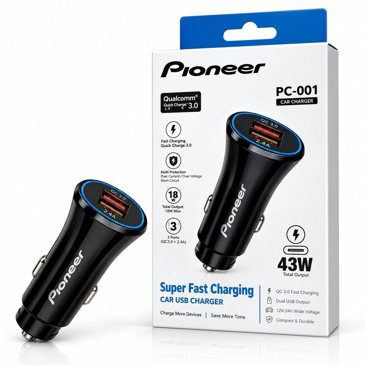 شارژر فندکی 43 وات پایونیر Pioneer مدل PC-001