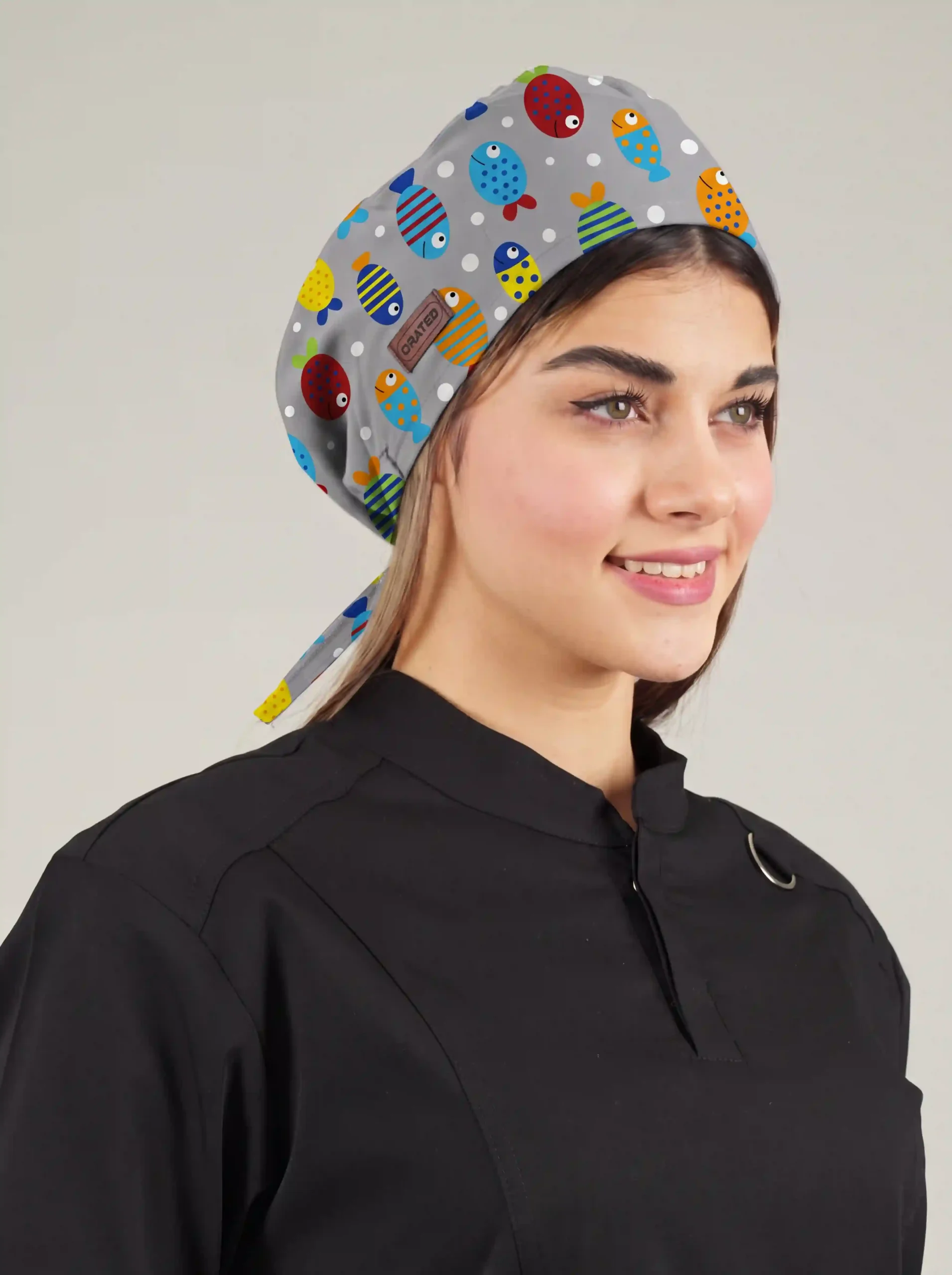 کلاه جراحی مدل ساده طرح ماهی زمینه طوسی کد A20