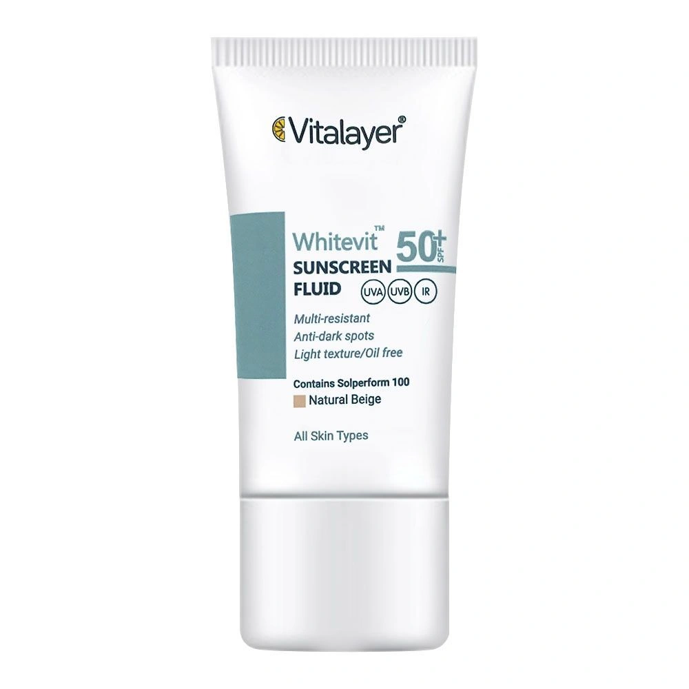 فلوئید ضد آفتاب رنگی ویتالیر مدل Whitevit SPF50 رنگ نچرال بژ حجم 40 میلیلیتر