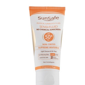 فلوئید ضد آفتاب بی رنگ سان سیف با SPF50 مناسب پوست حساس حجم 50 گرم فاقد جاذب های شیمیایی