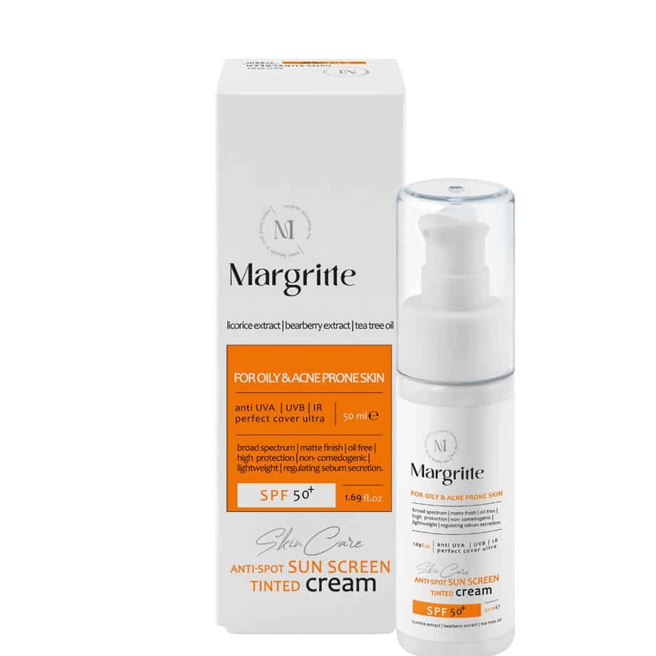 کرم ضدآفتاب و روشن کننده بژطبیعی مناسب پوست چرب مارگریت SPF50حجم50 میل