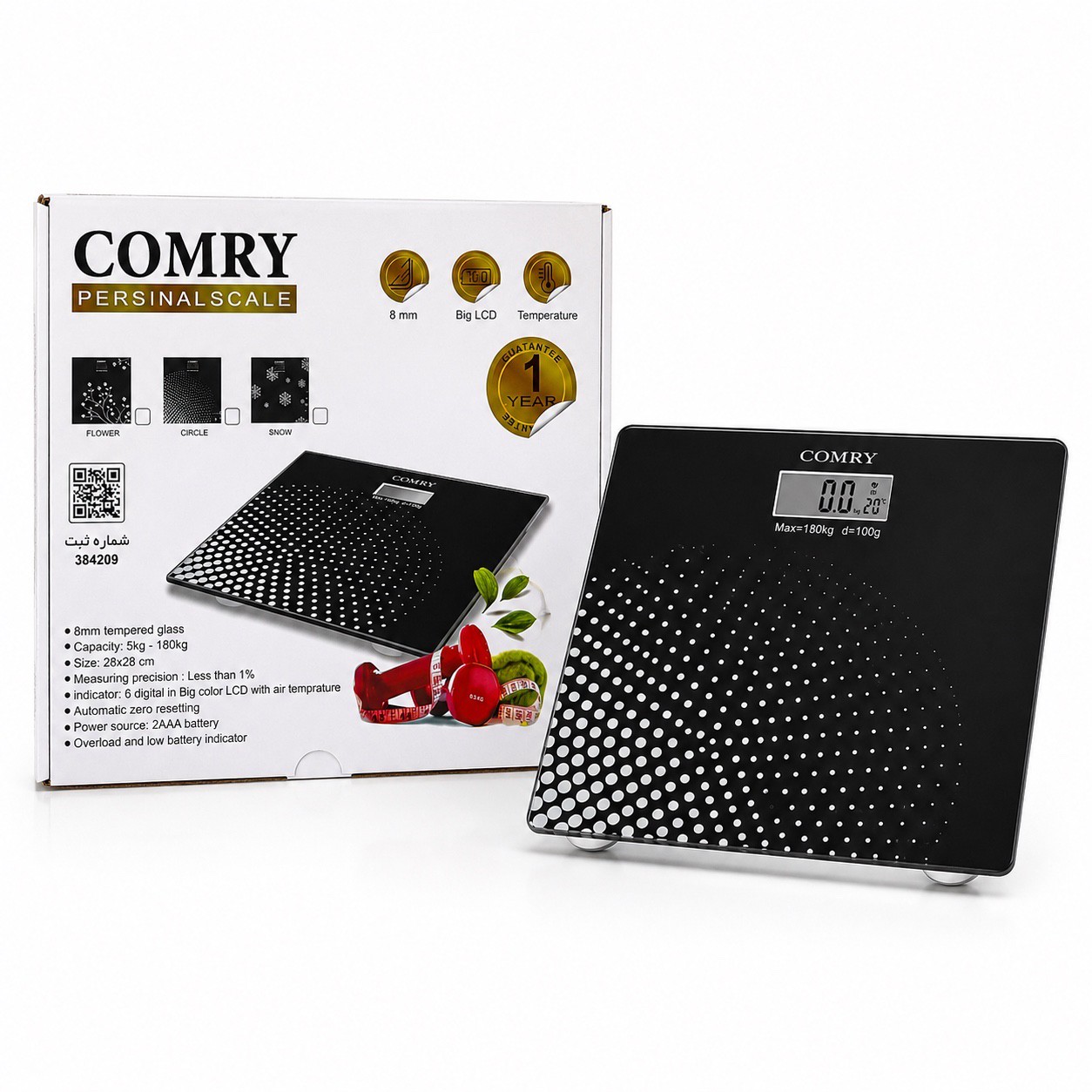 ترازو دیجیتال شیشه ای کمری (COMRY) - تحمل وزن 180 کیلو - نمایش دما - LCD بزرگجدید