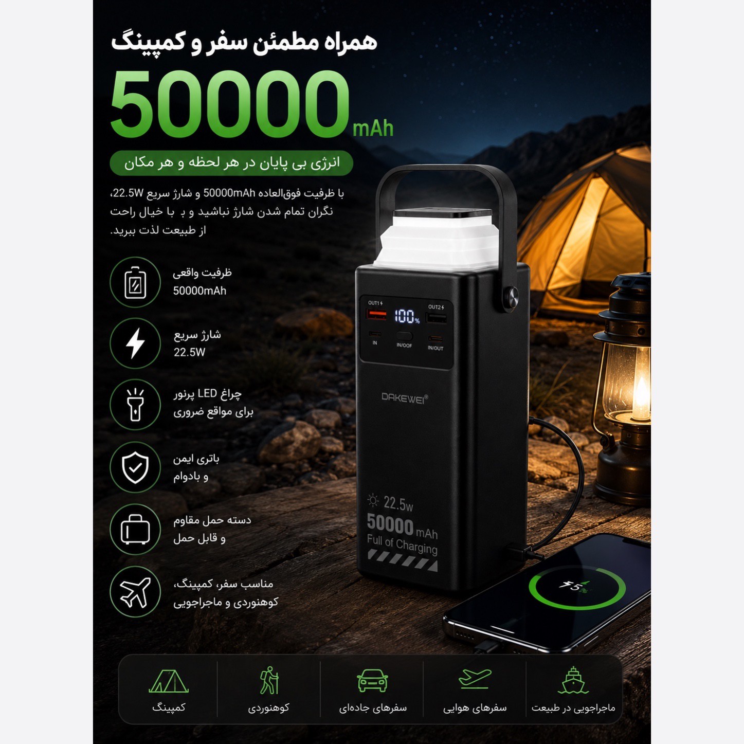 پاوربانک 50000 میلی آمپری DAKEWEI شارژ سریع 22.5 وات همراه کابلهای داخلی و نمایشگر دیجیتالجدید