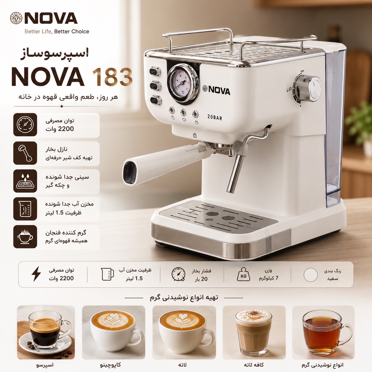 اسپرسو ساز نوا مدل NOVA 183 سفید با گارانتیجدید