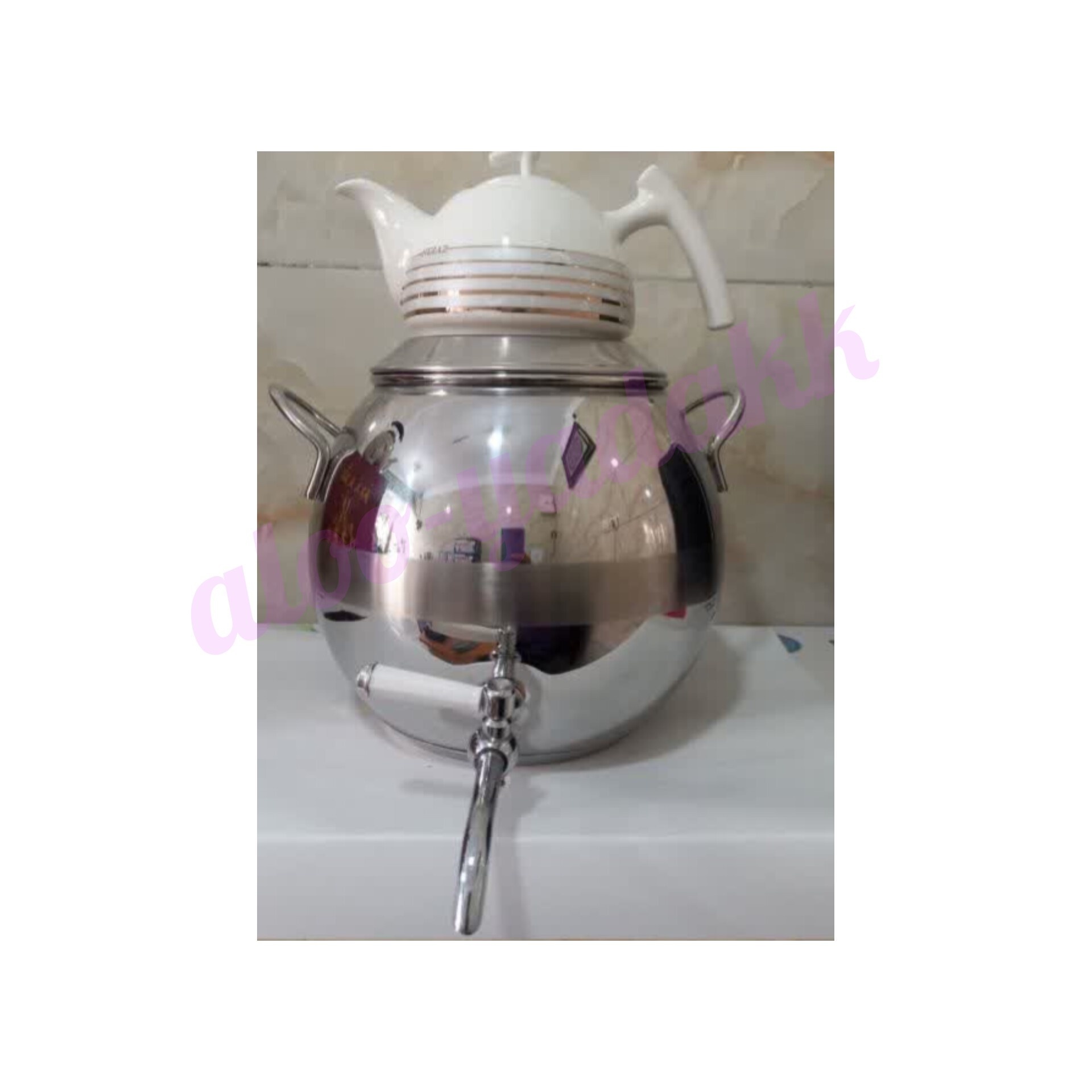 کتری استیل شیردار شعله ای به همراه قوری چینی طرح دارجدید