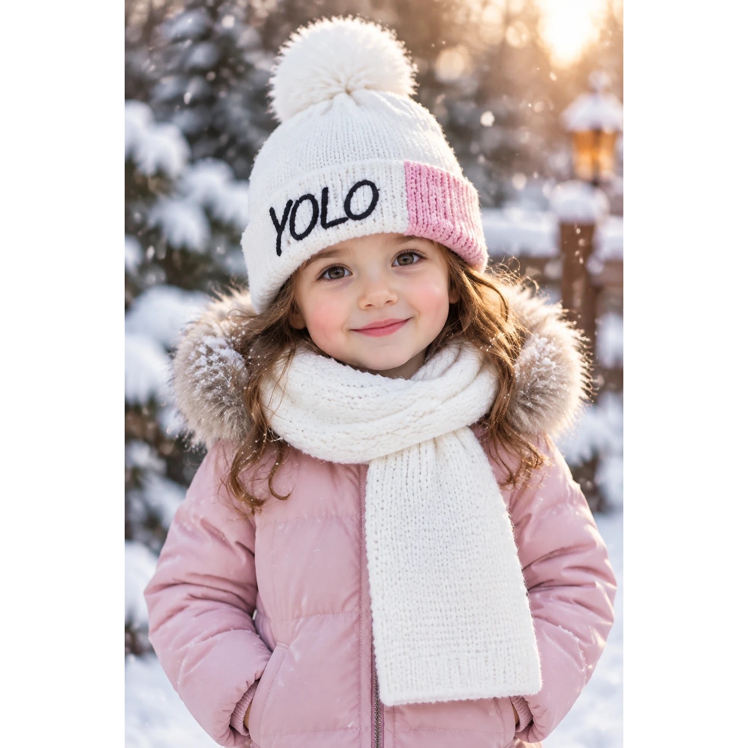 ست کلاه و شال گردن بافت بچگانه مدل YOLO - سفید با پچ صورتی (داخل مخمل) 3 تا 7 سالجدید