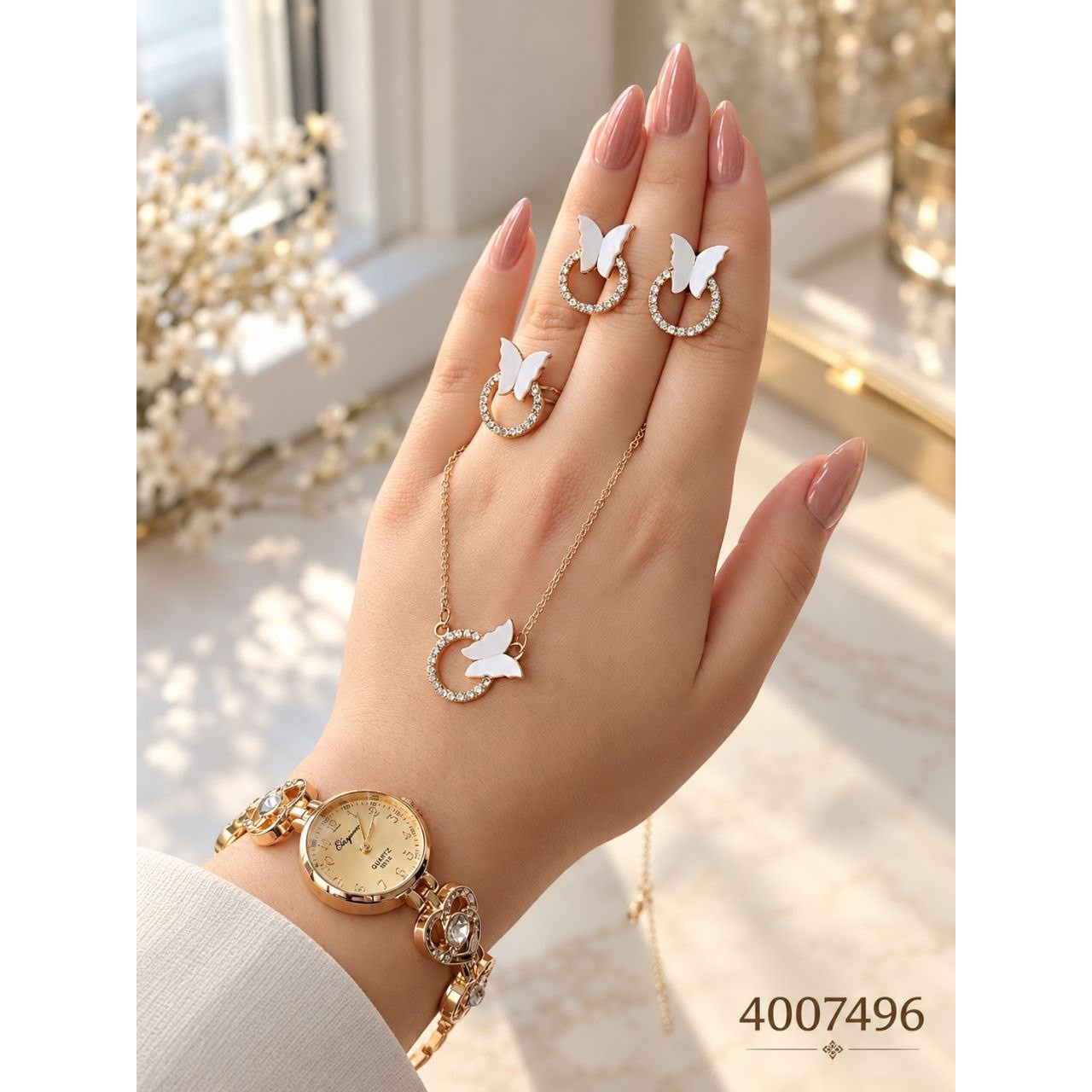 ست ساعت و سرویس طرح پروانه و حلقه با رنگبندی