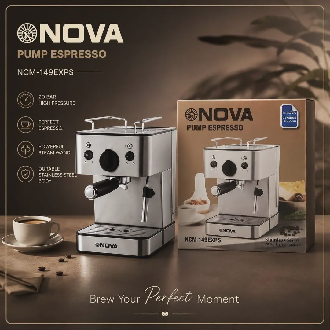 اسپرسوساز نوا مدل NCM-149EXPS با فشار بخار 20 بار، نازل بخار قدرتمند و بدنه استیل.جدید