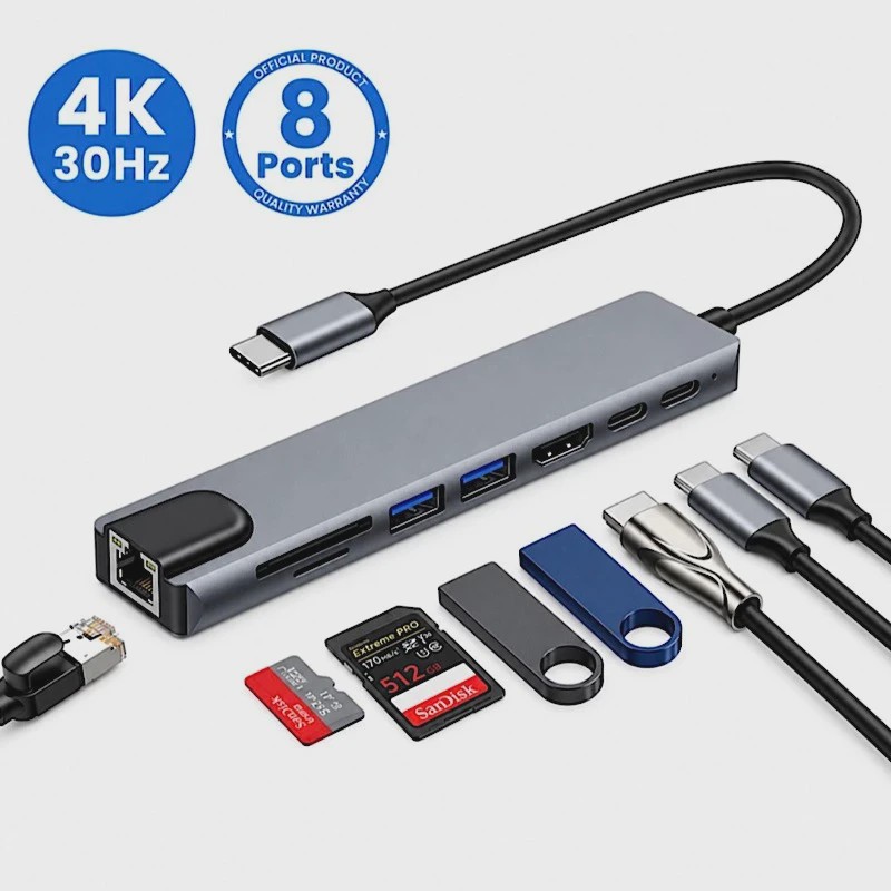 هاب 8 پورت USB3 ، USB2 ،HDMI ، SD و تایپ سی برند tobo مدل 08 با امکان شارژ سریع لپ تاپ و موبایل
