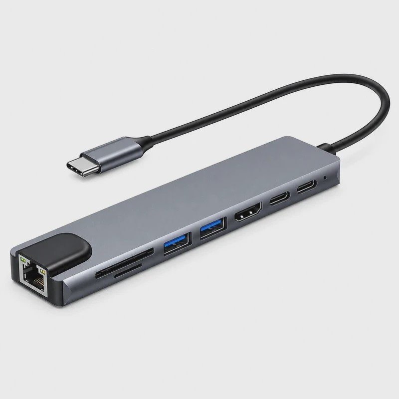 هاب 8 پورت USB3 ، USB2 ،HDMI ، SD و تایپ سی برند tobo مدل 08 با امکان شارژ سریع لپ تاپ و موبایل