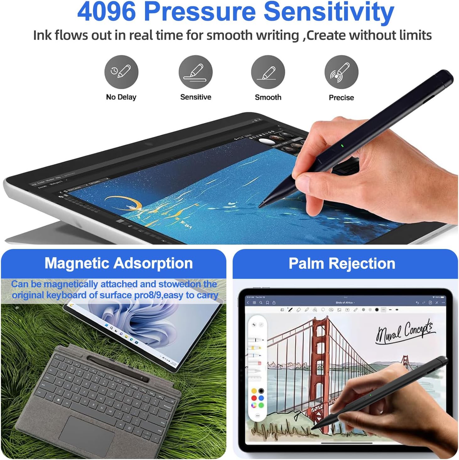 قلم لمسی سرفیس مدل X1 PRO ، مشابه اسلیم پن، دارای 4096 سطح حساسیت فشار و Palm Rejection، با اتصال Bluetooth 5، شارژ U...