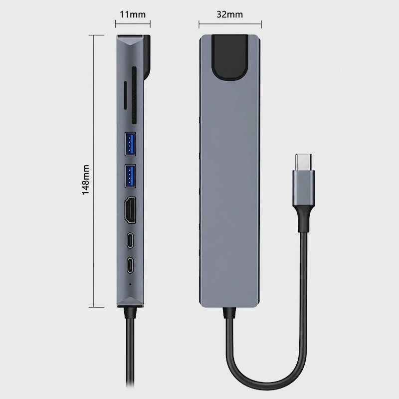 هاب 8 پورت USB3 ، USB2 ،HDMI ، SD و تایپ سی برند tobo مدل 08 با امکان شارژ سریع لپ تاپ و موبایل
