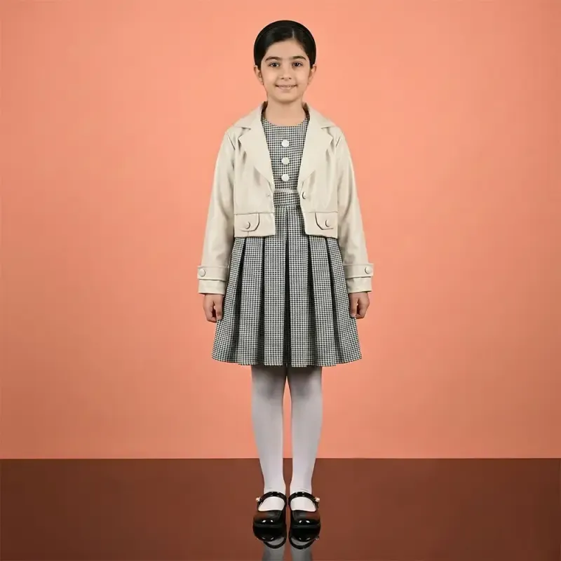 ست کت چرم مصنوعی و سارافون کتان دخترانه رنگ کرمجدید