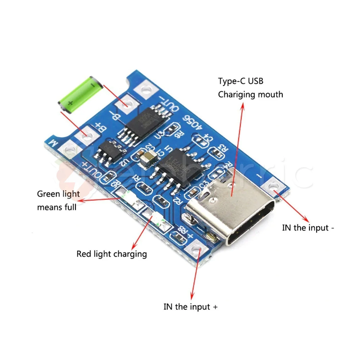 ماژول شارژر باتری TP4056 با کانکتور USB Type‑C – جریان 1 آمپر با محافظ داخلی